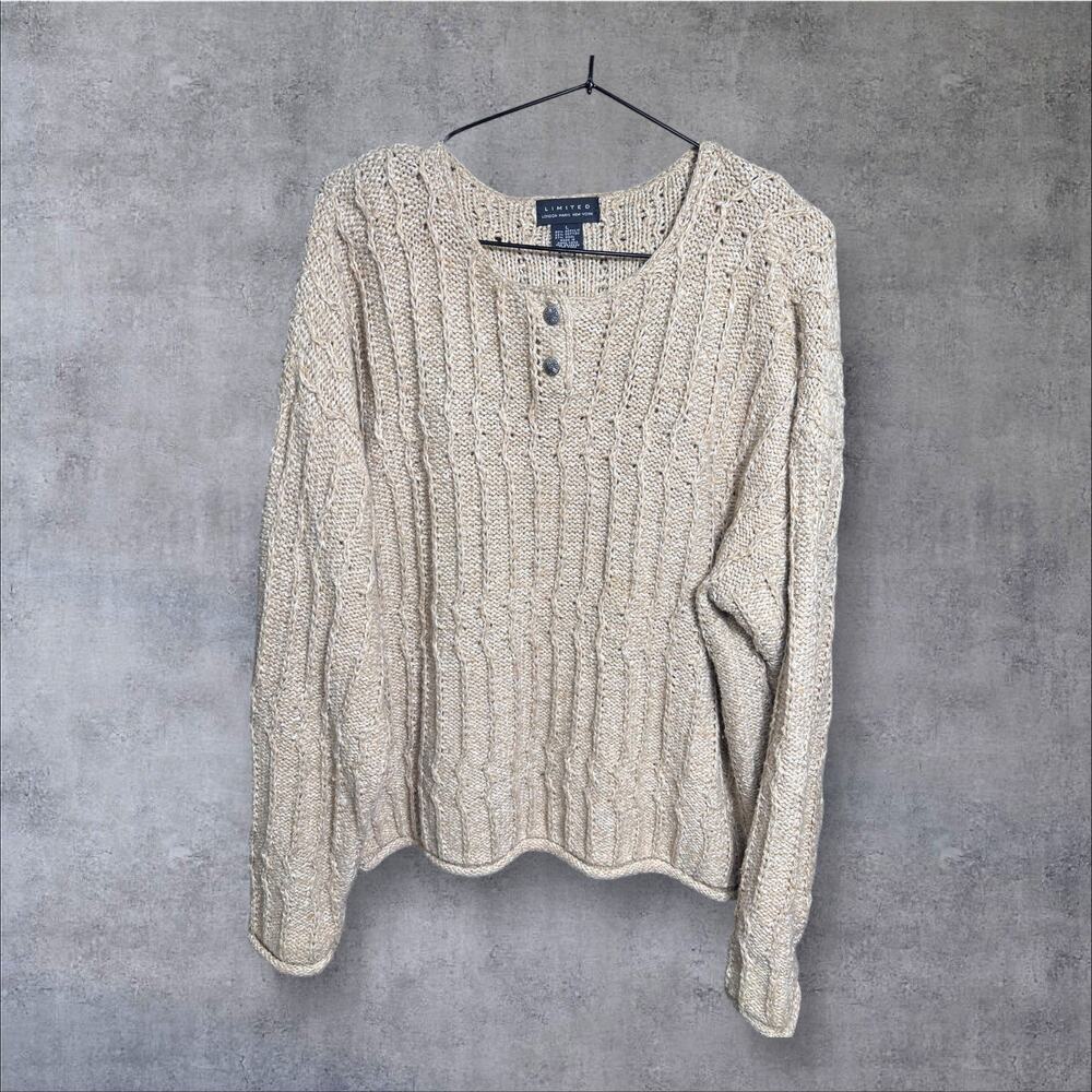 80s The Limited Cream Cotton Cable-Knit Henley Sweater Womens Size L VTG Coastal
